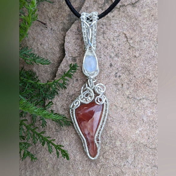 Sterling Silver Moonstone And Strawberry Rhodochrosite Pendant Necklace Handmade - Picture 12 of 17